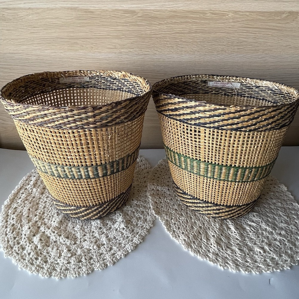 Vintage Boho Handwoven Chinese‎ Basket Planter 70s Peoples Republic Of China Set